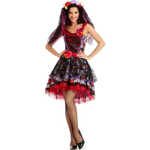 Mexican Day of The Dead Horror Zombie Skull Costume Halloween Carnival Party Flower Fairy Ghosts Bride Cosplay Dress