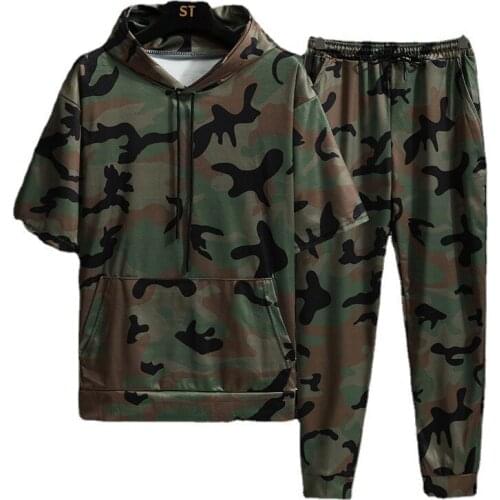 Spring Summer New Camouflage Mens Suit Sports Fitness Short Sleeve Hoodie+Trousers Men 2 Pieces Casual Outdoor Fashion Men Sets