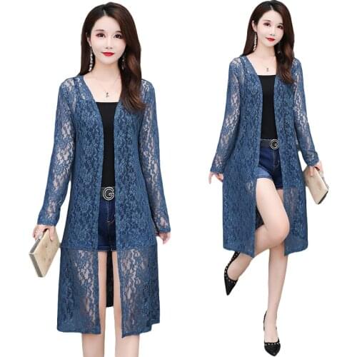Lace Shawl Tops Women Coat Summer Thin Sun Protection Clothing Plus Size Loose Female Jacket Mid-Length Cardigan Ladies H1316