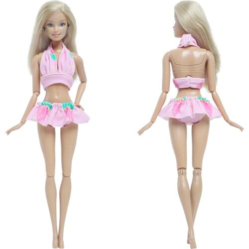 BJDBUS 1 Set Summer Beach Doll Swimsuit Pink Bikini Halter Bathing Swimming Swimwear Clothes for Barbie Doll Accessories Toys