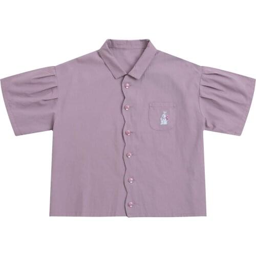 Fashion Sweet Design Women Summer Blouse Purple Strawberry Button Short Sleeve Cute Bunny Embroidery Teenage Girls Shirt Tops