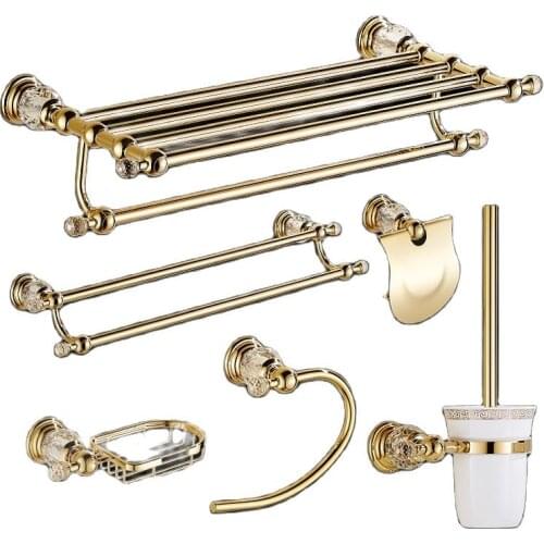 European Bathroom Accessories Set Shiny Gold Crystal Towel Rack Metal Toothpaste Holder Wall Hanging Swivel Towel Bar