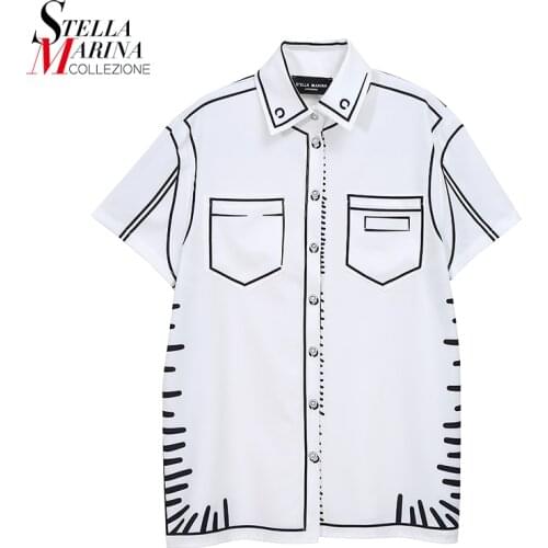New 2021 Short-Sleeve Woman Summer Top White Printed Blouse Casual Street Style Girls Oversized Unique Shirt chemise femme 8455