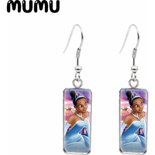 2021 New Tiana Princess and the Frog Rectangular Earring Cute Painting Fish Hook Earrings Art Glass Dome Jewelry Gifts Girl