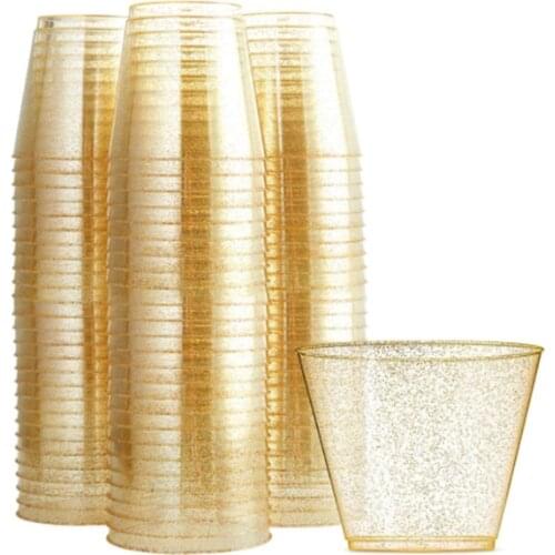 25 Pcs Disposable Gold Glitter 9OZ Plastic Cups Clear Plastic Tumblers Wedding Thanksgiving Christmas Party Cups