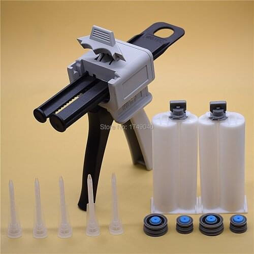 Glue Gun 50ml 1:2 Manual Caulking Gun Adhesive Gun Dispenser with 2pcs 50ml 1:2 Empty Dual Cartridge 5pc Static Mixing Nozzle
