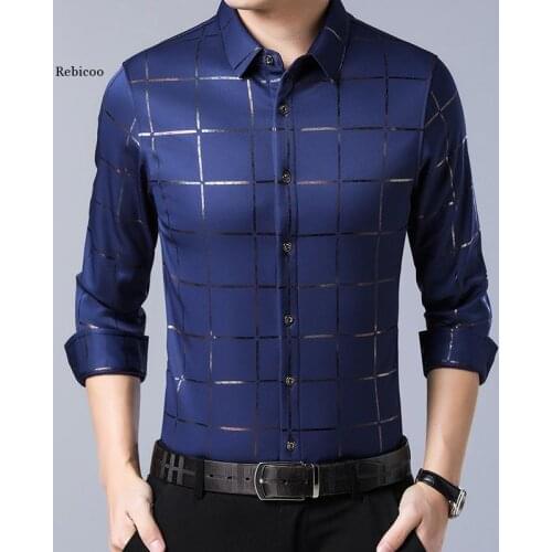 Casual Spring Luxury Plaid Long Sleeve Slim Fit Men Shirt Streetwear Social Dress Shirts Mens Fashions Jersey