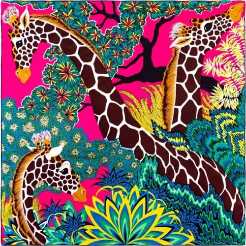 Luxury hand-rolled silk edging womens twill silk square scarf fawn print silk scarf 90*90 silk scarf for women shawl headscarf