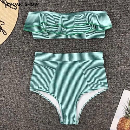 Sweet Green Striped Ruffle Bikini Off Shoulder Push-Up Boho High Waist Swimsuit Strapless Two Piece Swimwear Beachwear
