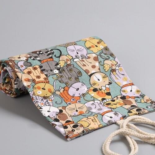 Cartoon Cat Friends Pen Pencil Wrap Bag 36/48/72 Slot Canvas Storage Pouch Roll for Brush Marker Pens Stationery School E6756