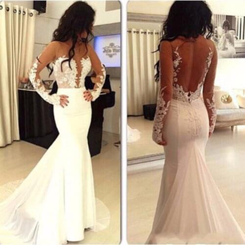 Vestido de noiva Lace Applique See Through Backless Sweep Train Wedding Dresses robe de mariage Bridal Dress For Wedding