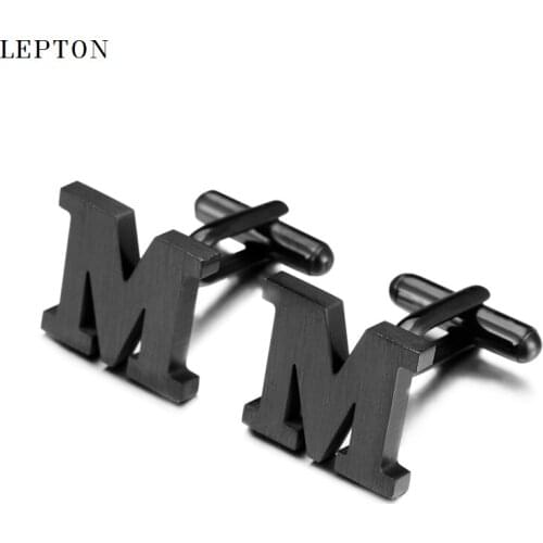 Lepton Stainless steel Cufflinks for Mens Ion Plating Black Film Metal Letters M Cuff links for Wedding, Business with Gift Box
