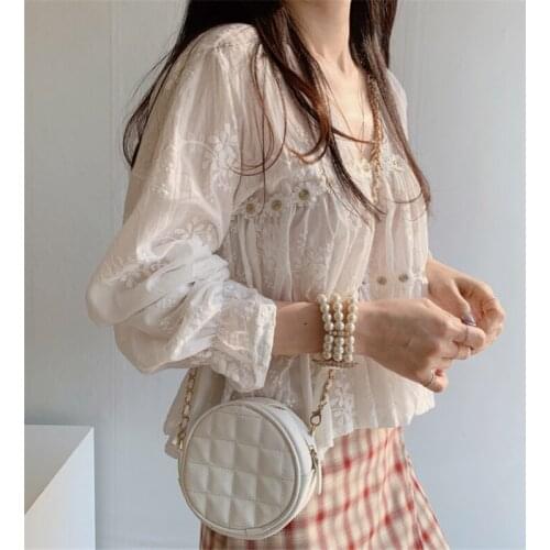 Ladies Shirt Korean Sweet Long Sleeve Blusas 2021 White Blouse Spring Hollow V-Neck Blouse Women Fashion Flower Loose