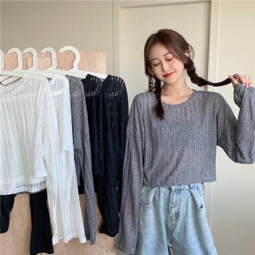 WERUERUYU new Womens Retro Casual O Neck Print Long Sleeve Loose Perspective Sun Protection T-Shirt