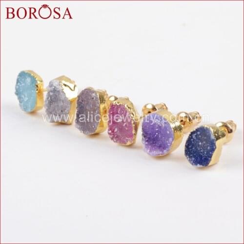 BOROSA New Druzy Gold Color Freeform Rainbow Druzy Stud Earrings for Women Gems Drusy Glittering Earrings Jewelry G1448