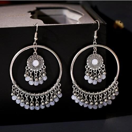 Womens Silver Color Round Beads Tassel Dangle Earrings Fashion Jewelry Summer Bohemia Jhumka Earrings Oorbellen