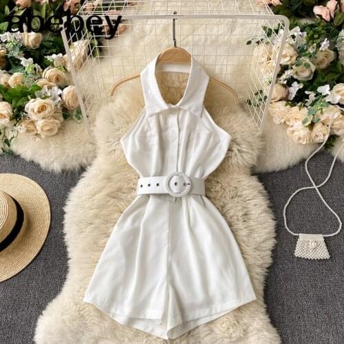 Design Hollow Backless Rompers Women Sexy Halter Sleeveless Off Shoulder Jumpsuit Summer Vacation Beach Short Rompers