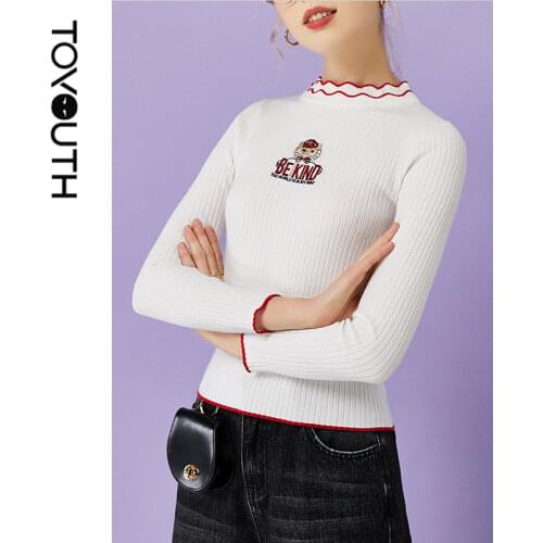 Toyouth Women Turtleneck Sweaters Causal Embroidery Solid Slim Tops