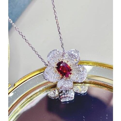 LR716 Solid 18K Gold Diamond Nature Flower Red Ruby 1.2ct Gemstones Females Classic Diamonds Jewelry Necklaces