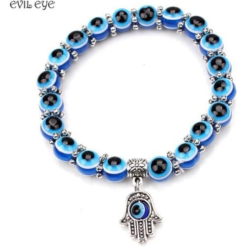 EVIL EYE 1pc fashion new Turkey evil eye bracelet 8mm blue beads Snow spacer alloy hamsa hand bracelet bangle for women men