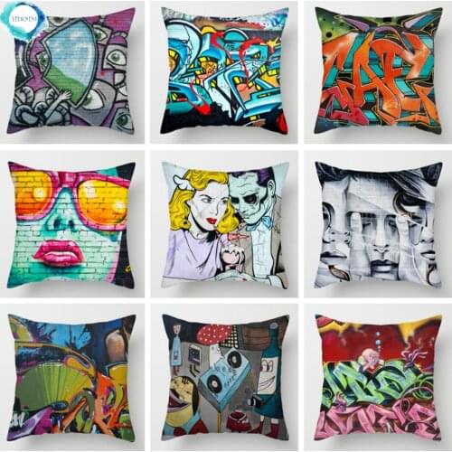 Abstract Art Graffiti Painted Polyester Cushion Cover Zombie Couples Throw Pillow Cover For Sofa Car Decor Portrait Pillowcase