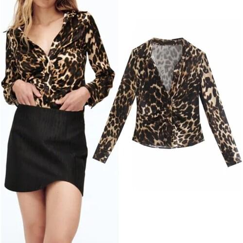 TRAF Women Blouse Za 2021 Leopard Button Up Shirt Woman Pleated Long Sleeve Crop Top Female Autumn Vintage Print Elegant Blouses