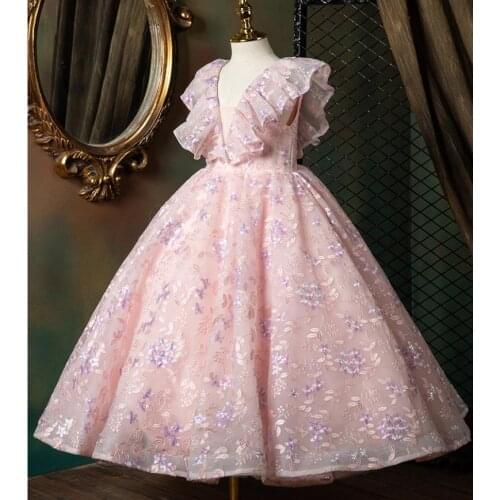 Kids Catwalk Dress 2021 New Beautiful Trailing Ball Gown Sleeveless Lace Stitching Wedding Birthday Party Dress For Girls L734