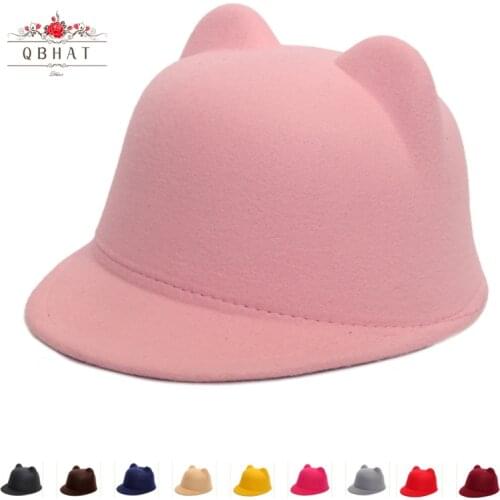 QBHAT Plain Wool Felt Fedora Hat with Cute Cat Ears for Kids and Adult Casual Parent-child Equestrian Cap Trilby Bowler Caps