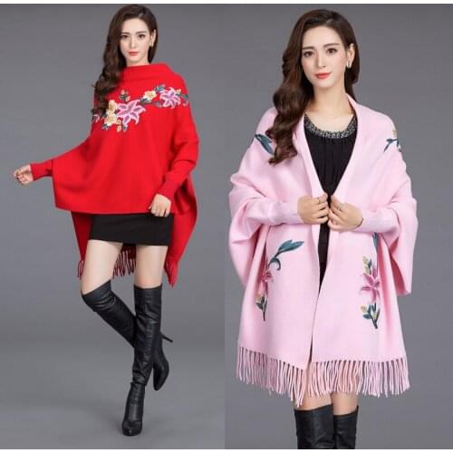 Hot New Women Scarf Scarves Shawl Embroider Thick Warm Tassels Poncho With Sleeve Floral Winter Scarf Cape For Women