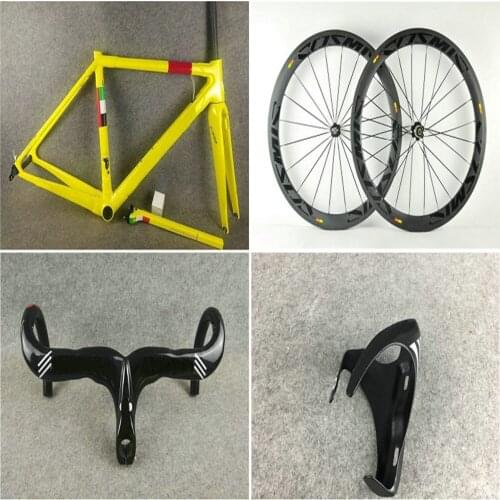 Yellow color C64 Carbon Road Frame + 50mm Cosmic Carbon wheelset Black Handlebar BOB Bottle Cages