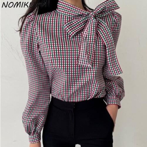 Nomikuma Plaid Blouse Autumn Elegant Bow Tie Stand Neck Womens Tops 2021 New Puff Sleeve Korean Blusa Shirt Camisas Mujer 6L674