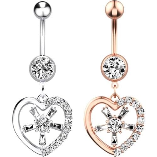 HONGTU Surgical Steel Dangle Belly Button Rings Featuring Love Heart and Flower Dangling Belly Navel Ring Sexy Piercing Jewelry