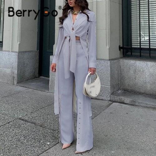 BerryGo Autumn solid blazer suits office lady Long sleeve V neck shirt sets women Elastic waist button straight blouse suits