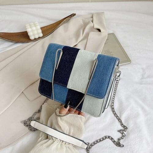 Fashion Design Womens Denim Stitching Crossbody Bags Elegant Female Chain Purse Handbag Retro Ladies Small Square Shoulder Bags