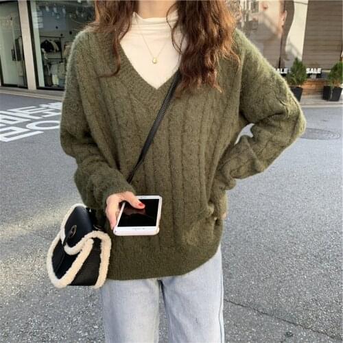 Trendy Knitted Women Sweater Autumn Winter Casual Female V-neck Knit Pullovers Solid Color Loose Fit Ladies Knitwear Tops