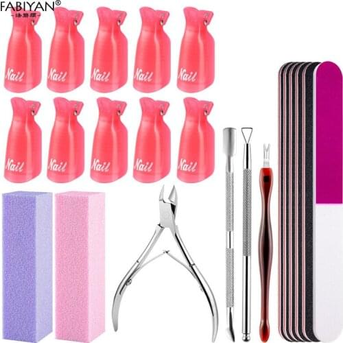 New Nial Gel Removing Kit 22pcs/Set Nail Polish Remove Clips Buffers Cuticle Scissors Nail File Cuticle Pusher Manicure Tool Set