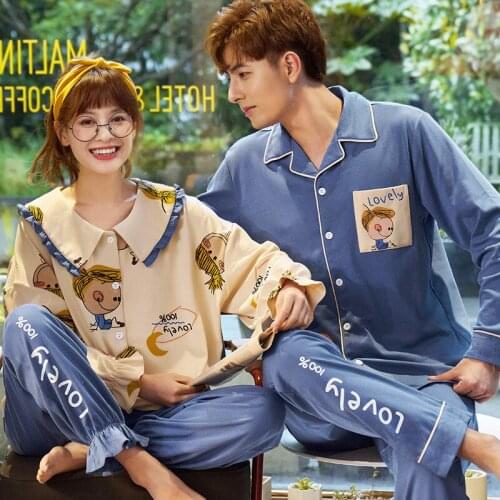 Pure Cotton Couple Pajamas Women Spring and Autumn Long-sleeved Thin Cardigan Autumn and Winter Cotton Home Service Suit Men