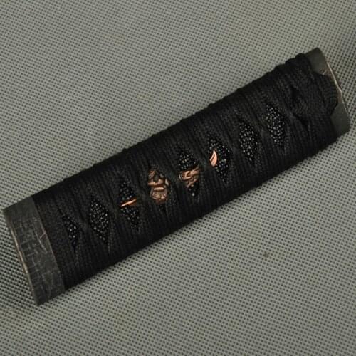 Straight Tsuka Black Silk Ito & Imitated Black Rayskin & Alloy Fuchi Kashira Fitting for Japanese Samurai Sword Tanto Handle XJ2