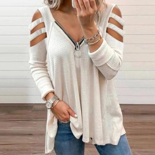 Puloru Women Solid Color Long Sleeve T-shirt Office Lady Cutout Hollowed Shoulder V-neck Pullover Tops Fall Spring Plus Size Tee