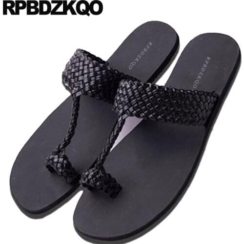 Toe Loop Native Runway Men Sandals Leather Summer Slippers Italian Soft Fashion Casual Slip On Shoes Woven Black Beach Slides