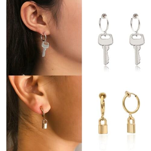 Vintage Gold Silver Color Huggie Padlock Earrings Lock Key Earrings for Women Men Small Hoop Earrings Gothic Jewelry Accessories
