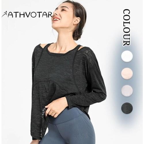 ATHVOTAR Loose Sports Shirt Top Women Quick Drying Breathable Finger Sleeve Long Sleeved T Shirt Running Yoga Fitness Sportswear