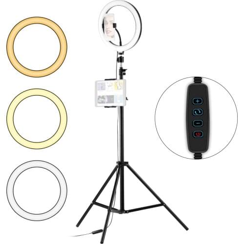 26cm/10inch LED Ring Light 3 Colors Dimmable 3200-5600K Color Temperature with Tripods Phone and Tablet Holders for Video
