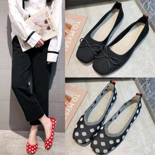 Sweet polka dot knitting flats shoes women square toe bowtie stretch fabric ballet flats weave loafers women moccasins mulesy956