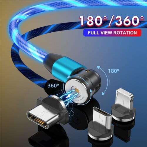 UKGO 540° Glow LED Lighting Charging Magnetic USB Type-C Cable 2.4A Cable Wire For iPhone Huawei Samsung Micro Charger Cable