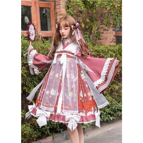 Japanese sweet lolita dress retro lace bowknot flare sleeve high waist printing victorian dress kawaii girl gothic lolita op cos