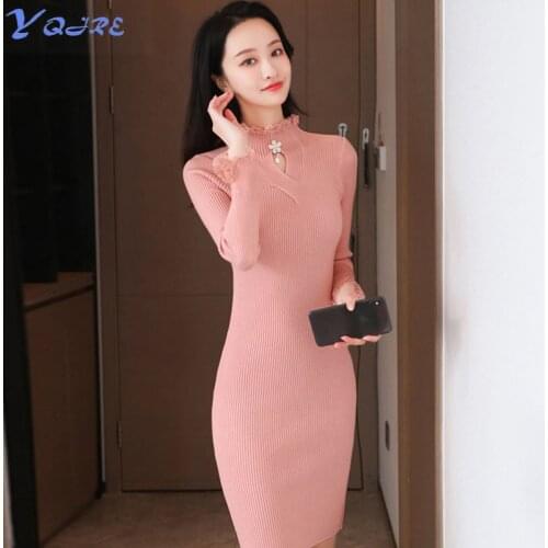 YQJRE Fall New Casual Fashion Slim Buttocks Long Sleeve Stretch Knit Dress