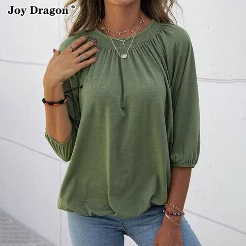 Women Autumn 2021 Clothes Lantern Sleeve Round Collar Pullover Loose Solid Color Pleated Slim Tops Blouse T-shirts Plus Size New