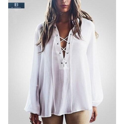 [EL BARCO] 2017 New Cotton Linen Long Chiffon Blouse Shirts Blusas Women Summer Sexy Plaid White Female Casual Tops Clothing