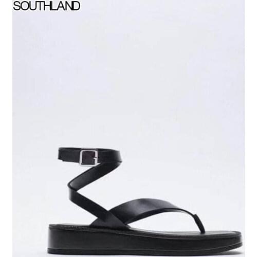 SOUTHLAND Summer Women Shoes Black Flat Leather Fashion Sandals Flip-flop ZA Lace-up Thick-soled Ankle Strap Sandals For Women